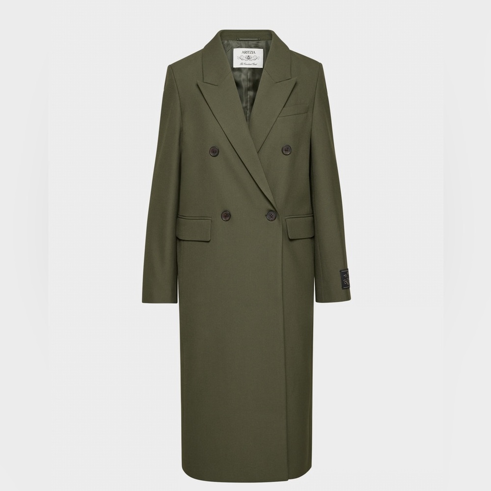 Aritzia Constant Coat Re(Essential) Double-Breasted Long Coat in Dark Olive